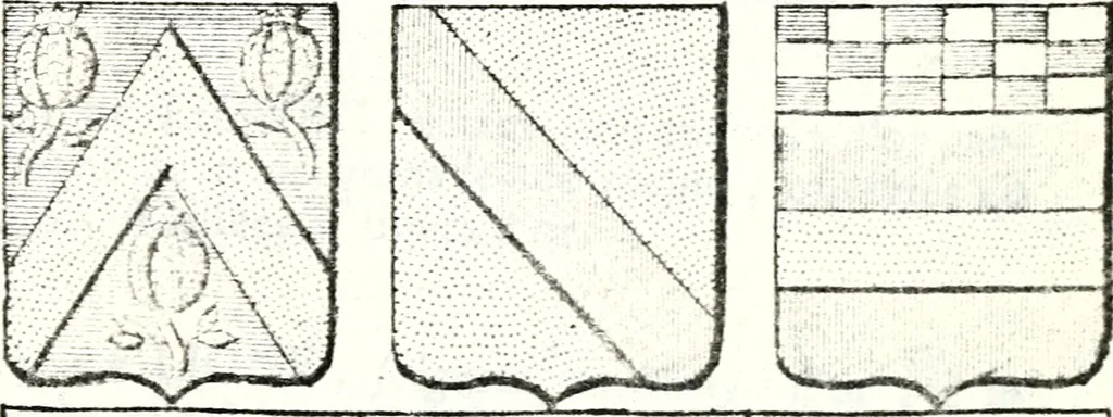 An illustration from Armorial des principales maisons et familles du royaume, particulierement des celles de Paris et de l'Isle de France : contenant les armes des princes, seigneurs, grands officiers de la couronne & de la maison du roi, celles des cours souveraines, &c. avec l'explication de tous les blasons, 1757, leaf 802