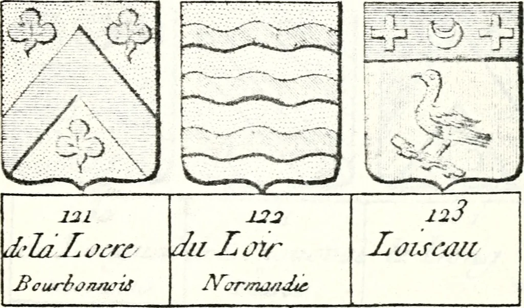 An illustration from Armorial des principales maisons et familles du royaume, particulierement des celles de Paris et de l'Isle de France : contenant les armes des princes, seigneurs, grands officiers de la couronne & de la maison du roi, celles des cours souveraines, &c. avec l'explication de tous les blasons, 1757, leaf 808