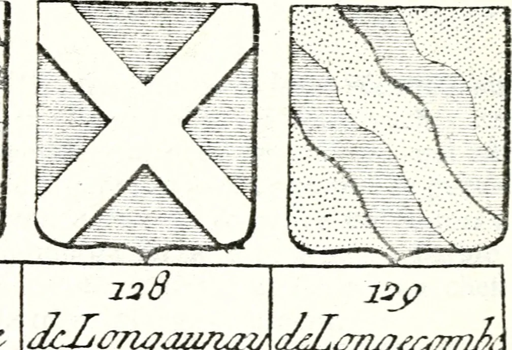 An illustration from Armorial des principales maisons et familles du royaume, particulierement des celles de Paris et de l'Isle de France : contenant les armes des princes, seigneurs, grands officiers de la couronne & de la maison du roi, celles des cours souveraines, &c. avec l'explication de tous les blasons, 1757, leaf 810