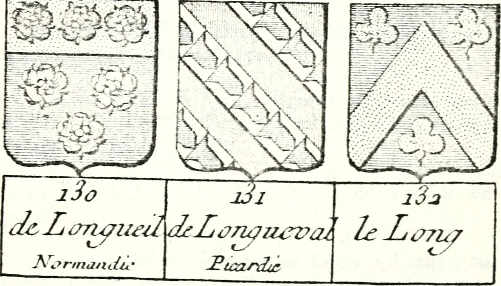 An illustration from Armorial des principales maisons et familles du royaume, particulierement des celles de Paris et de l'Isle de France : contenant les armes des princes, seigneurs, grands officiers de la couronne & de la maison du roi, celles des cours souveraines, &c. avec l'explication de tous les blasons, 1757, leaf 810