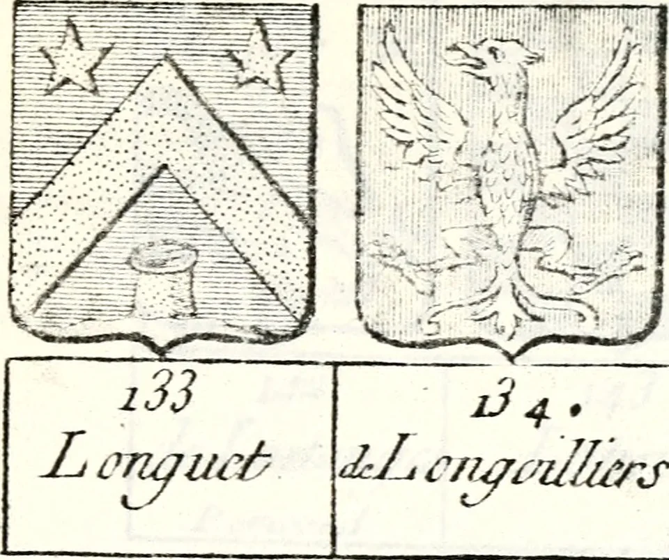 An illustration from Armorial des principales maisons et familles du royaume, particulierement des celles de Paris et de l'Isle de France : contenant les armes des princes, seigneurs, grands officiers de la couronne & de la maison du roi, celles des cours souveraines, &c. avec l'explication de tous les blasons, 1757, leaf 816