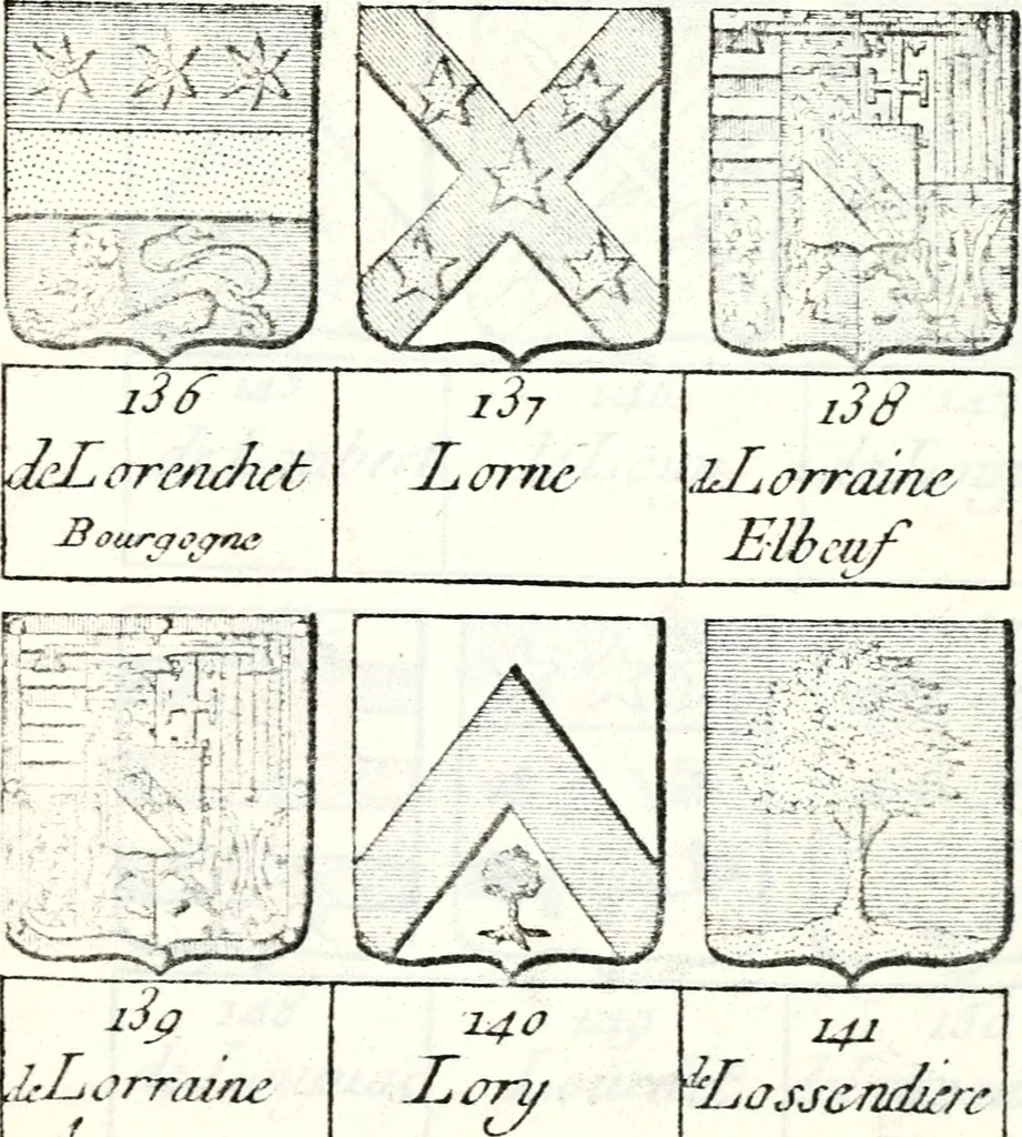An illustration from Armorial des principales maisons et familles du royaume, particulierement des celles de Paris et de l'Isle de France : contenant les armes des princes, seigneurs, grands officiers de la couronne & de la maison du roi, celles des cours souveraines, &c. avec l'explication de tous les blasons, 1757, leaf 816