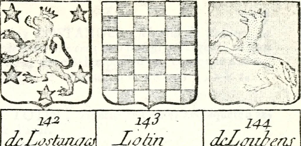An illustration from Armorial des principales maisons et familles du royaume, particulierement des celles de Paris et de l'Isle de France : contenant les armes des princes, seigneurs, grands officiers de la couronne & de la maison du roi, celles des cours souveraines, &c. avec l'explication de tous les blasons, 1757, leaf 818
