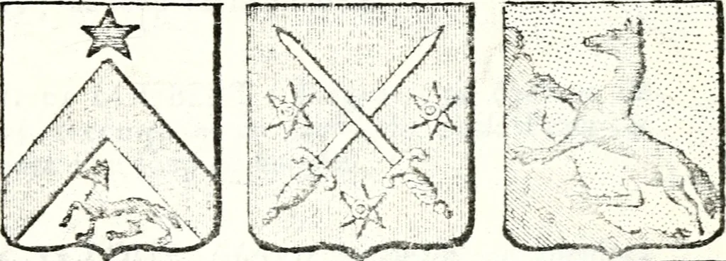 An illustration from Armorial des principales maisons et familles du royaume, particulierement des celles de Paris et de l'Isle de France : contenant les armes des princes, seigneurs, grands officiers de la couronne & de la maison du roi, celles des cours souveraines, &c. avec l'explication de tous les blasons, 1757, leaf 818