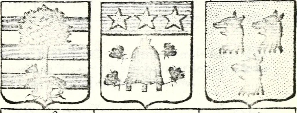 An illustration from Armorial des principales maisons et familles du royaume, particulierement des celles de Paris et de l'Isle de France : contenant les armes des princes, seigneurs, grands officiers de la couronne & de la maison du roi, celles des cours souveraines, &c. avec l'explication de tous les blasons, 1757, leaf 818