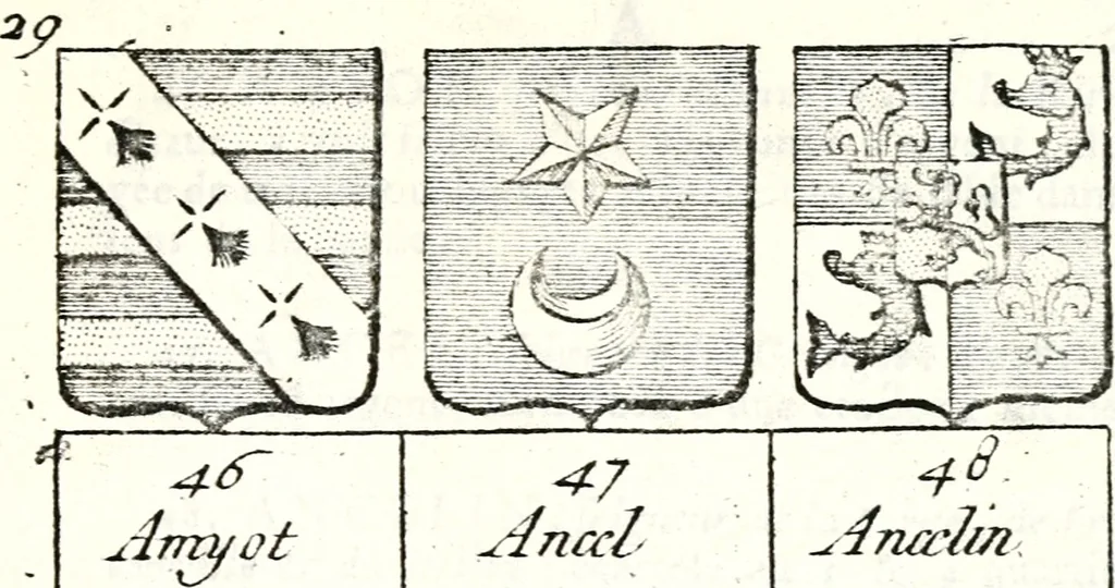 An illustration from Armorial des principales maisons et familles du royaume, particulierement des celles de Paris et de l'Isle de France : contenant les armes des princes, seigneurs, grands officiers de la couronne & de la maison du roi, celles des cours souveraines, &c. avec l'explication de tous les blasons, 1757, leaf 82