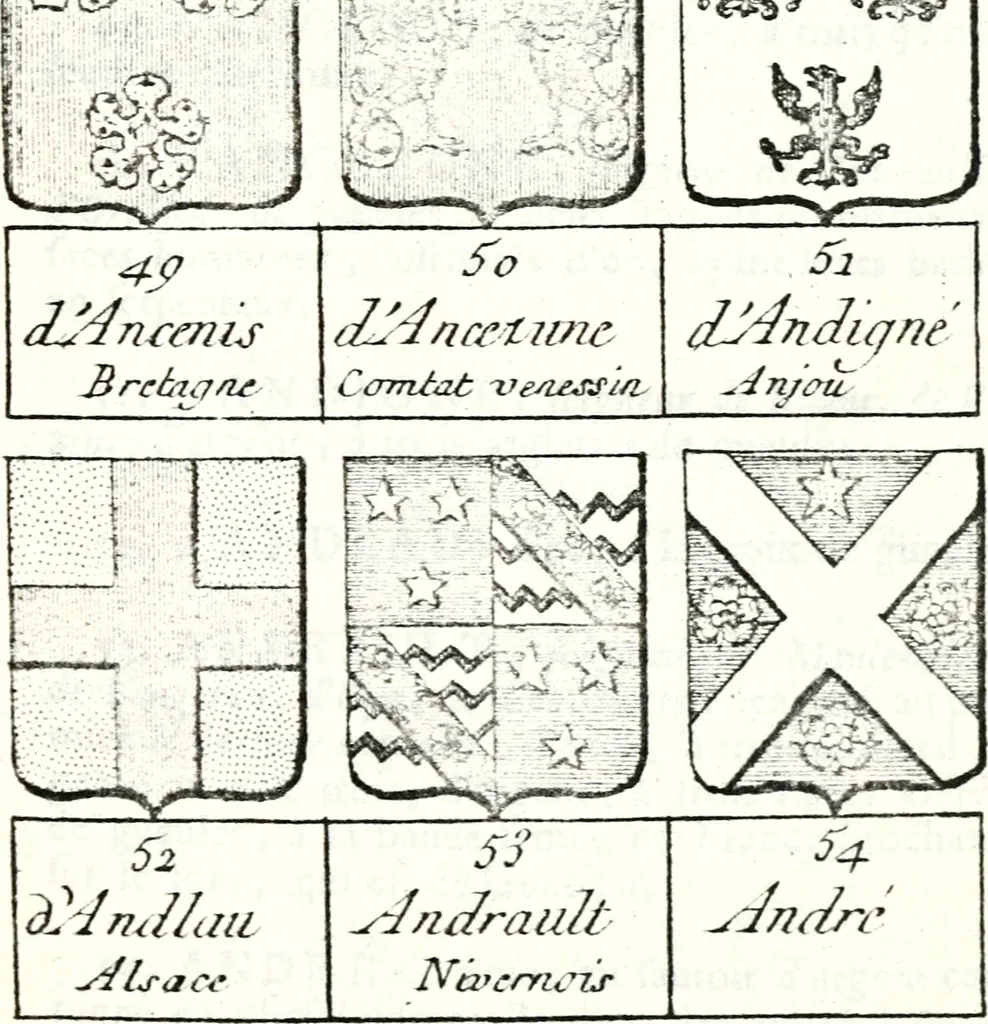 An illustration from Armorial des principales maisons et familles du royaume, particulierement des celles de Paris et de l'Isle de France : contenant les armes des princes, seigneurs, grands officiers de la couronne & de la maison du roi, celles des cours souveraines, &c. avec l'explication de tous les blasons, 1757, leaf 82