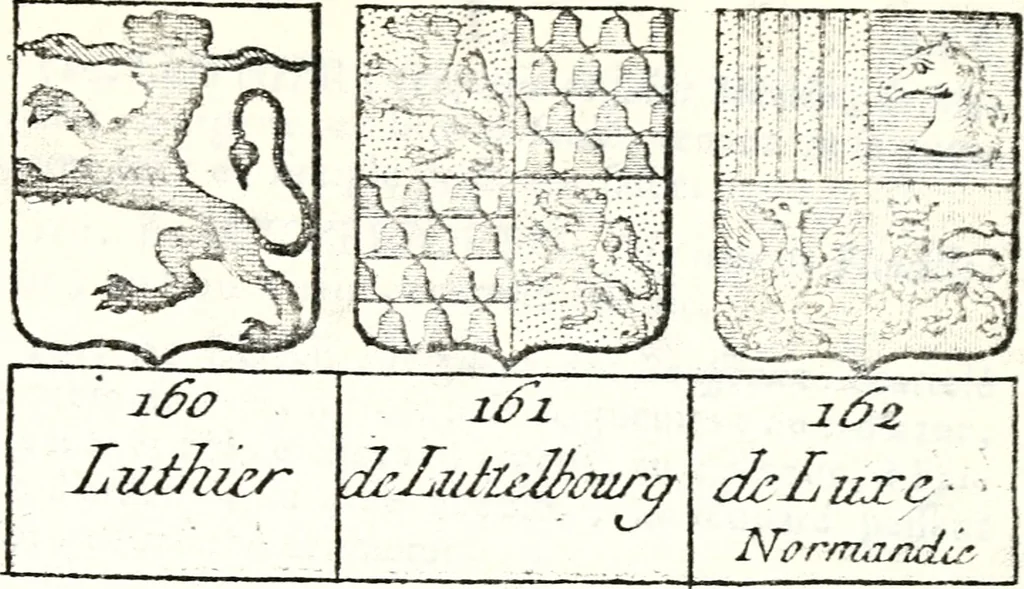 An illustration from Armorial des principales maisons et familles du royaume, particulierement des celles de Paris et de l'Isle de France : contenant les armes des princes, seigneurs, grands officiers de la couronne & de la maison du roi, celles des cours souveraines, &c. avec l'explication de tous les blasons, 1757, leaf 826