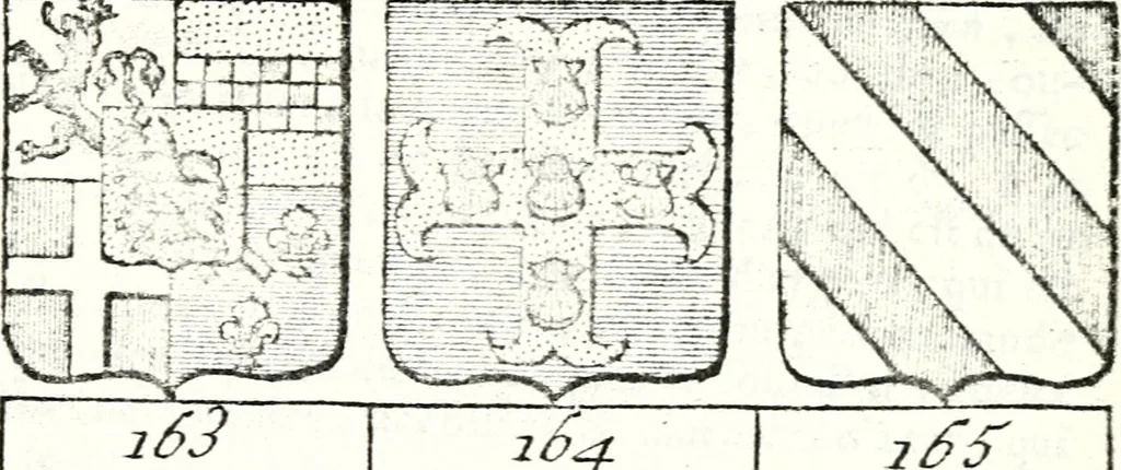 An illustration from Armorial des principales maisons et familles du royaume, particulierement des celles de Paris et de l'Isle de France : contenant les armes des princes, seigneurs, grands officiers de la couronne & de la maison du roi, celles des cours souveraines, &c. avec l'explication de tous les blasons, 1757, leaf 826
