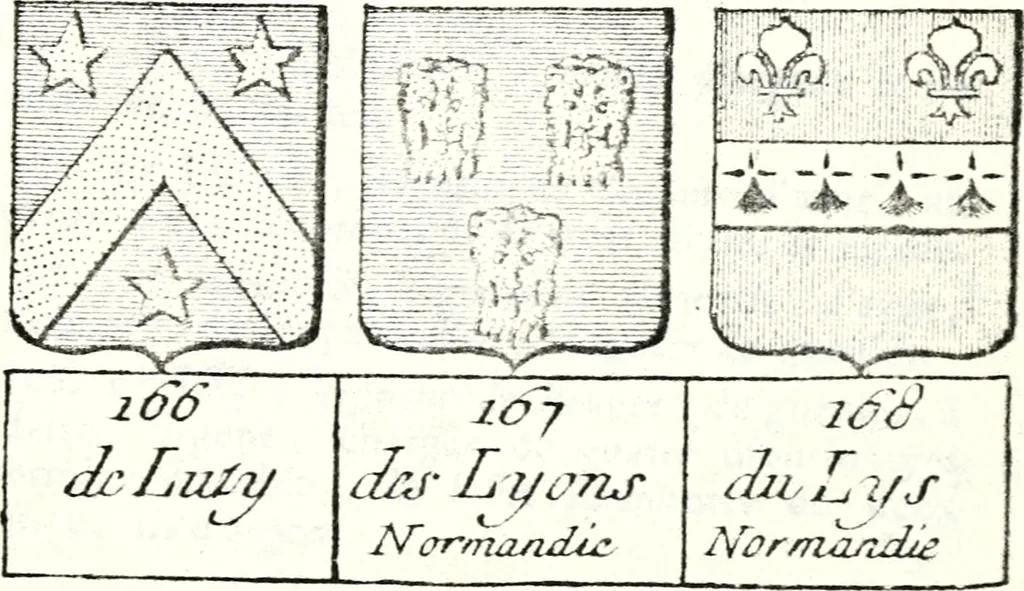 An illustration from Armorial des principales maisons et familles du royaume, particulierement des celles de Paris et de l'Isle de France : contenant les armes des princes, seigneurs, grands officiers de la couronne & de la maison du roi, celles des cours souveraines, &c. avec l'explication de tous les blasons, 1757, leaf 826