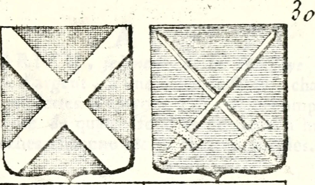 An illustration from Armorial des principales maisons et familles du royaume, particulierement des celles de Paris et de l'Isle de France : contenant les armes des princes, seigneurs, grands officiers de la couronne & de la maison du roi, celles des cours souveraines, &c. avec l'explication de tous les blasons, 1757, leaf 86