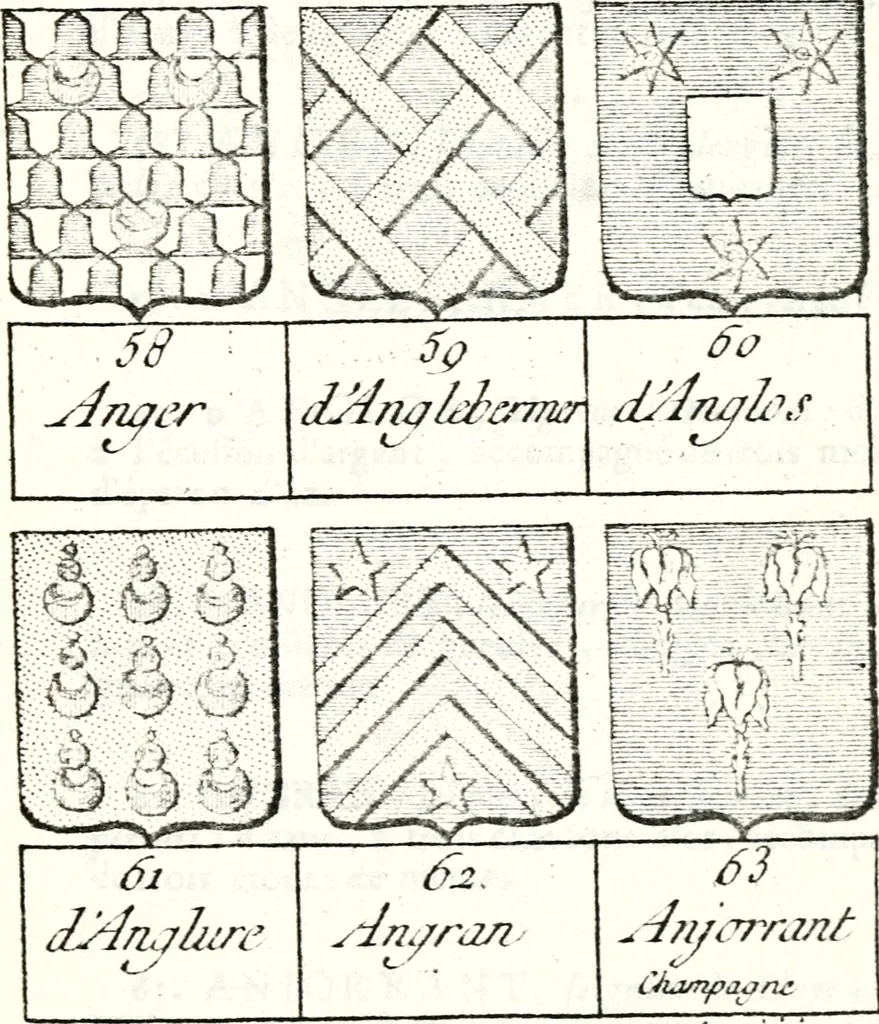 An illustration from Armorial des principales maisons et familles du royaume, particulierement des celles de Paris et de l'Isle de France : contenant les armes des princes, seigneurs, grands officiers de la couronne & de la maison du roi, celles des cours souveraines, &c. avec l'explication de tous les blasons, 1757, leaf 86