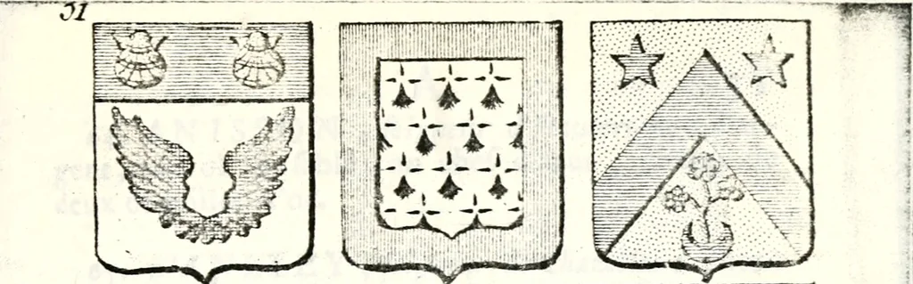 An illustration from Armorial des principales maisons et familles du royaume, particulierement des celles de Paris et de l'Isle de France : contenant les armes des princes, seigneurs, grands officiers de la couronne & de la maison du roi, celles des cours souveraines, &c. avec l'explication de tous les blasons, 1757, leaf 90