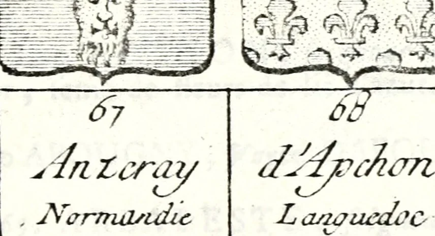 An illustration from Armorial des principales maisons et familles du royaume, particulierement des celles de Paris et de l'Isle de France : contenant les armes des princes, seigneurs, grands officiers de la couronne & de la maison du roi, celles des cours souveraines, &c. avec l'explication de tous les blasons, 1757, leaf 90
