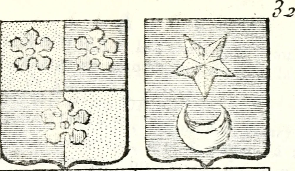 An illustration from Armorial des principales maisons et familles du royaume, particulierement des celles de Paris et de l'Isle de France : contenant les armes des princes, seigneurs, grands officiers de la couronne & de la maison du roi, celles des cours souveraines, &c. avec l'explication de tous les blasons, 1757, leaf 94