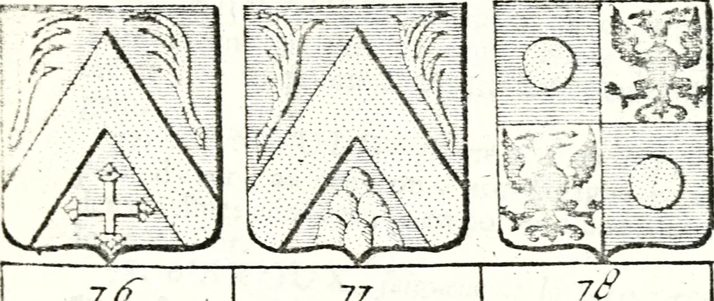An illustration from Armorial des principales maisons et familles du royaume, particulierement des celles de Paris et de l'Isle de France : contenant les armes des princes, seigneurs, grands officiers de la couronne & de la maison du roi, celles des cours souveraines, &c. avec l'explication de tous les blasons, 1757, leaf 94