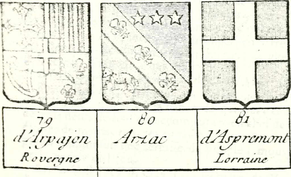An illustration from Armorial des principales maisons et familles du royaume, particulierement des celles de Paris et de l'Isle de France : contenant les armes des princes, seigneurs, grands officiers de la couronne & de la maison du roi, celles des cours souveraines, &c. avec l'explication de tous les blasons, 1757, leaf 94