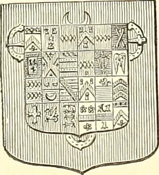 An illustration from Armorial of Jersey : being an account, heraldic and antiquarian, of its chief native families, with pedigrees, biographical notices, and illustrative data; to which are added, a brief history of heraldry, and remarks on the mediæval antiquities of the island, 1859, leaf 110
