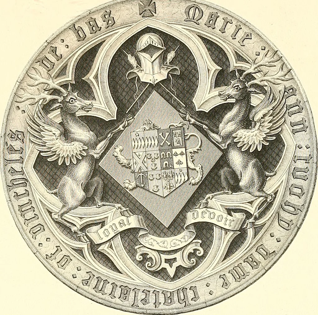 An illustration from Armorial of Jersey : being an account, heraldic and antiquarian, of its chief native families, with pedigrees, biographical notices, and illustrative data; to which are added, a brief history of heraldry, and remarks on the mediæval antiquities of the island, 1859, leaf 114