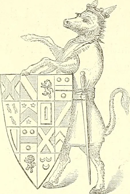 An illustration from Armorial of Jersey : being an account, heraldic and antiquarian, of its chief native families, with pedigrees, biographical notices, and illustrative data; to which are added, a brief history of heraldry, and remarks on the mediæval antiquities of the island, 1859, leaf 12