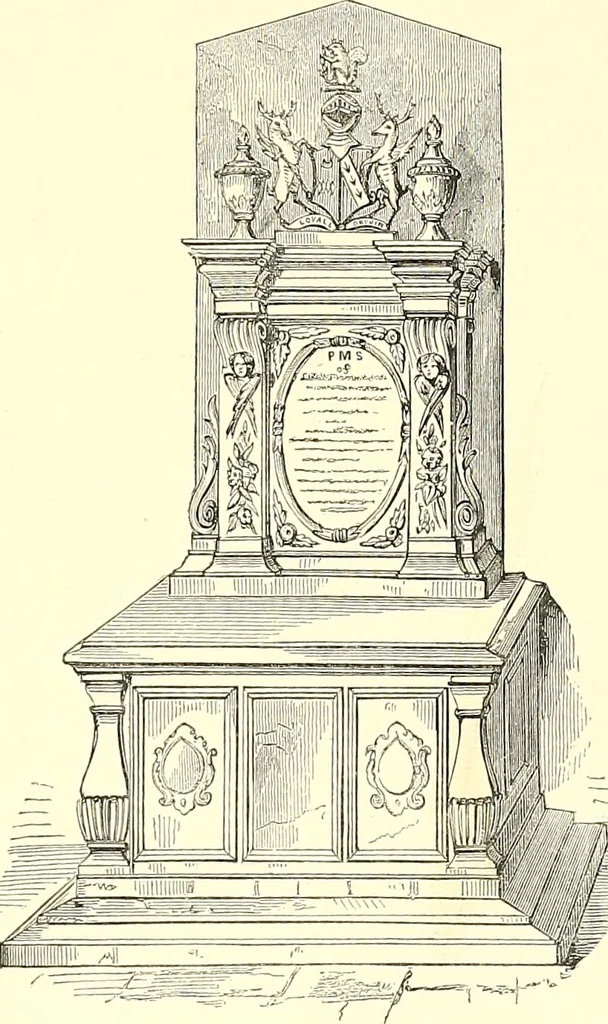 An illustration from Armorial of Jersey : being an account, heraldic and antiquarian, of its chief native families, with pedigrees, biographical notices, and illustrative data; to which are added, a brief history of heraldry, and remarks on the mediæval antiquities of the island, 1859, leaf 122