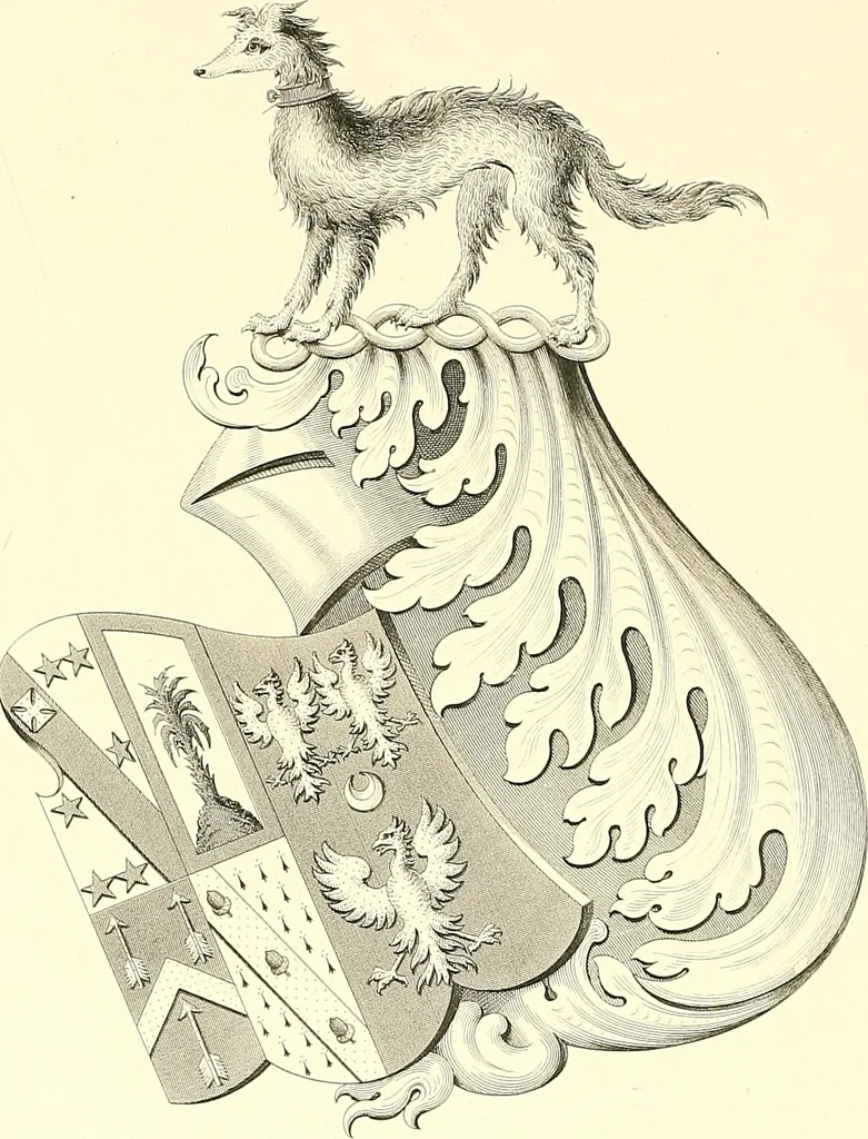 An illustration from Armorial of Jersey : being an account, heraldic and antiquarian, of its chief native families, with pedigrees, biographical notices, and illustrative data; to which are added, a brief history of heraldry, and remarks on the mediæval antiquities of the island, 1859, leaf 149