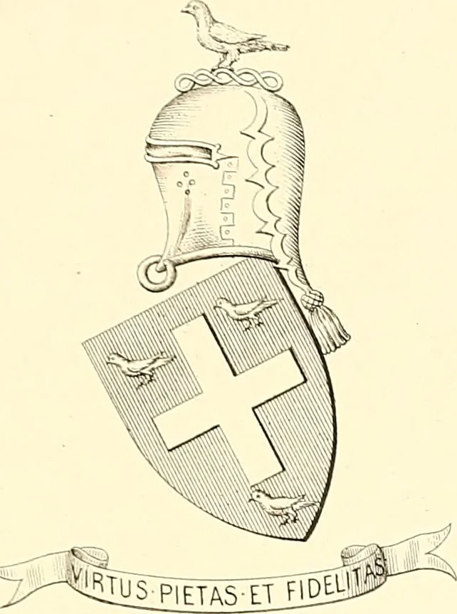 An illustration from Armorial of Jersey : being an account, heraldic and antiquarian, of its chief native families, with pedigrees, biographical notices, and illustrative data; to which are added, a brief history of heraldry, and remarks on the mediæval antiquities of the island, 1859, leaf 156