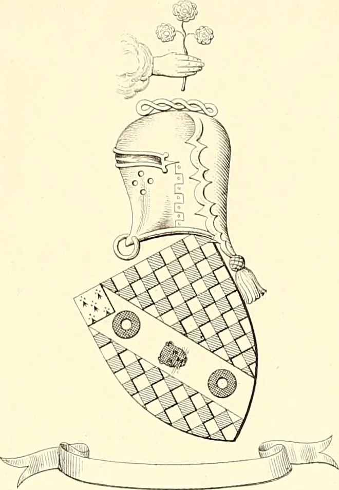 An illustration from Armorial of Jersey : being an account, heraldic and antiquarian, of its chief native families, with pedigrees, biographical notices, and illustrative data; to which are added, a brief history of heraldry, and remarks on the mediæval antiquities of the island, 1859, leaf 156