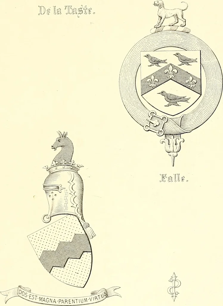 An illustration from Armorial of Jersey : being an account, heraldic and antiquarian, of its chief native families, with pedigrees, biographical notices, and illustrative data; to which are added, a brief history of heraldry, and remarks on the mediæval antiquities of the island, 1859, leaf 156