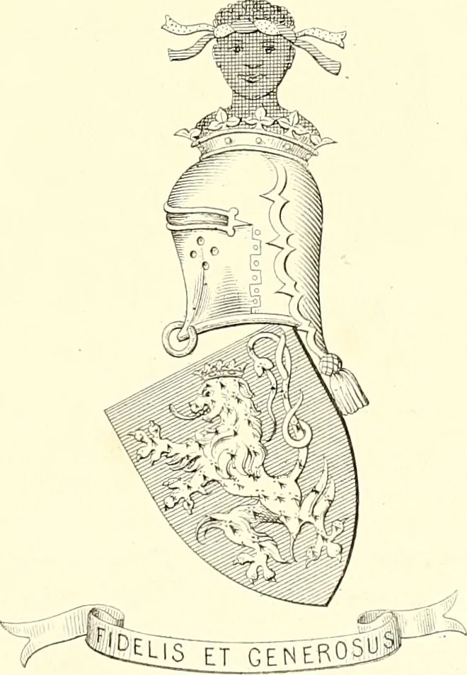 An illustration from Armorial of Jersey : being an account, heraldic and antiquarian, of its chief native families, with pedigrees, biographical notices, and illustrative data; to which are added, a brief history of heraldry, and remarks on the mediæval antiquities of the island, 1859, leaf 156