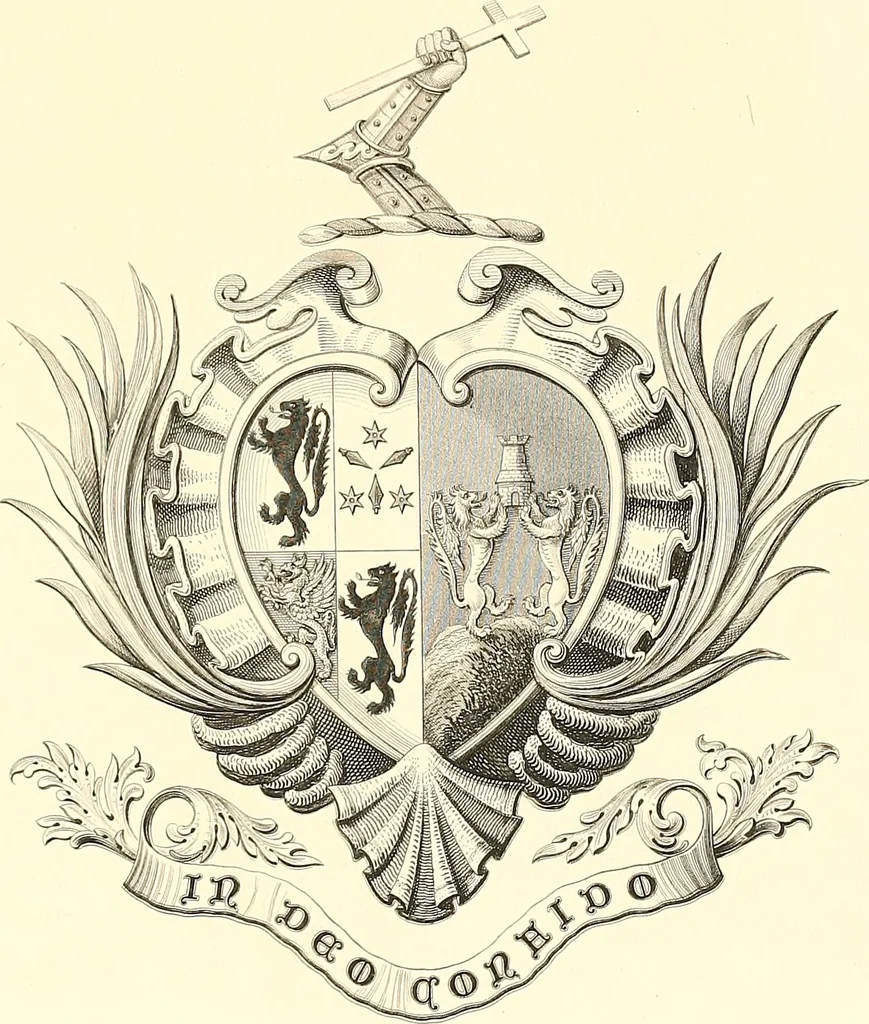 An illustration from Armorial of Jersey : being an account, heraldic and antiquarian, of its chief native families, with pedigrees, biographical notices, and illustrative data; to which are added, a brief history of heraldry, and remarks on the mediæval antiquities of the island, 1859, leaf 160