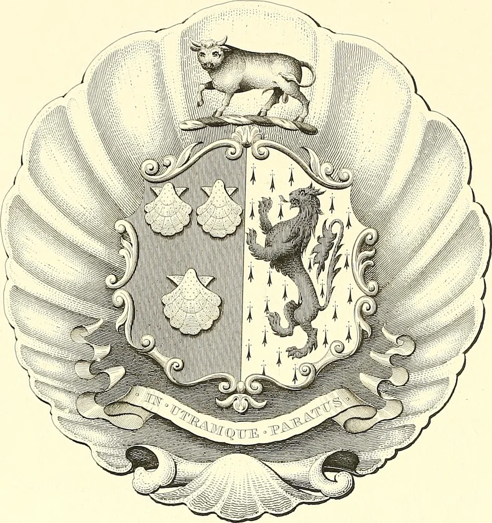 An illustration from Armorial of Jersey : being an account, heraldic and antiquarian, of its chief native families, with pedigrees, biographical notices, and illustrative data; to which are added, a brief history of heraldry, and remarks on the mediæval antiquities of the island, 1859, leaf 169