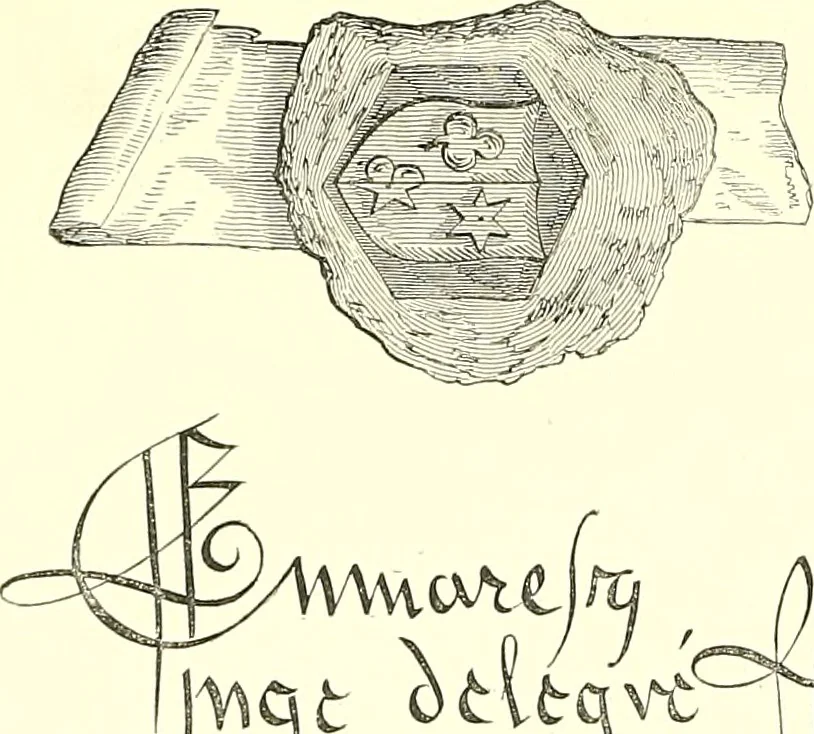 An illustration from Armorial of Jersey : being an account, heraldic and antiquarian, of its chief native families, with pedigrees, biographical notices, and illustrative data; to which are added, a brief history of heraldry, and remarks on the mediæval antiquities of the island, 1859, leaf 173