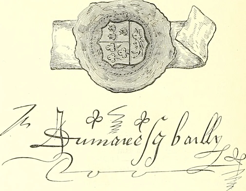An illustration from Armorial of Jersey : being an account, heraldic and antiquarian, of its chief native families, with pedigrees, biographical notices, and illustrative data; to which are added, a brief history of heraldry, and remarks on the mediæval antiquities of the island, 1859, leaf 173