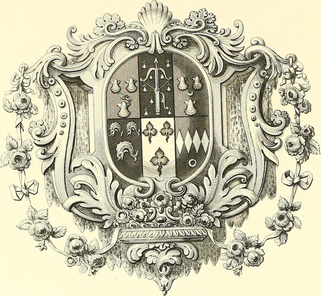 An illustration from Armorial of Jersey : being an account, heraldic and antiquarian, of its chief native families, with pedigrees, biographical notices, and illustrative data; to which are added, a brief history of heraldry, and remarks on the mediæval antiquities of the island, 1859, leaf 177