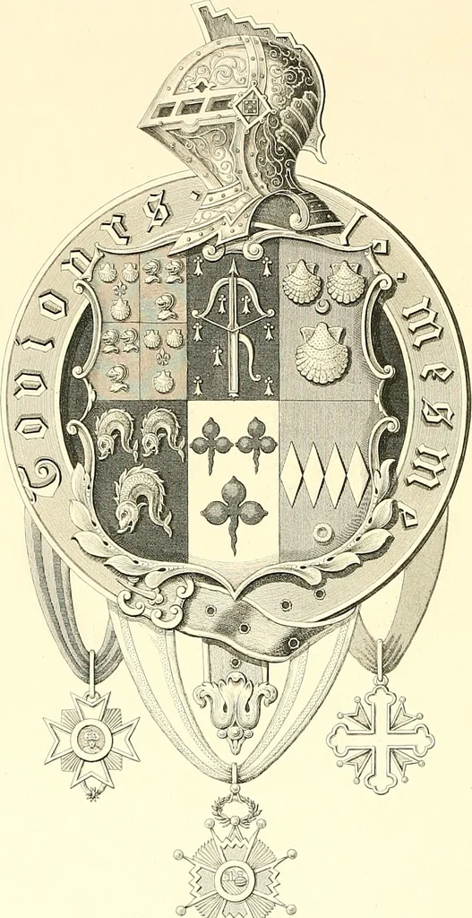 An illustration from Armorial of Jersey : being an account, heraldic and antiquarian, of its chief native families, with pedigrees, biographical notices, and illustrative data; to which are added, a brief history of heraldry, and remarks on the mediæval antiquities of the island, 1859, leaf 181