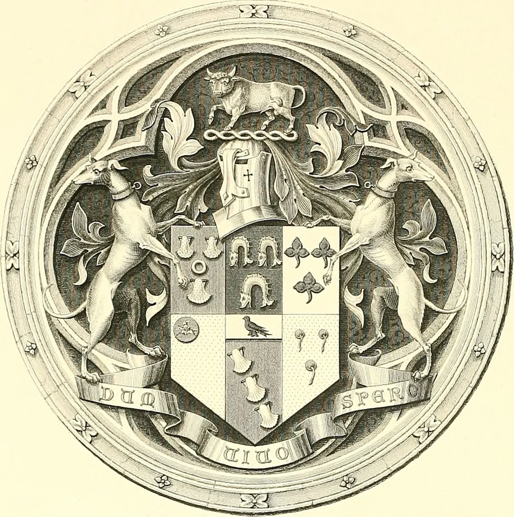 An illustration from Armorial of Jersey : being an account, heraldic and antiquarian, of its chief native families, with pedigrees, biographical notices, and illustrative data; to which are added, a brief history of heraldry, and remarks on the mediæval antiquities of the island, 1859, leaf 187