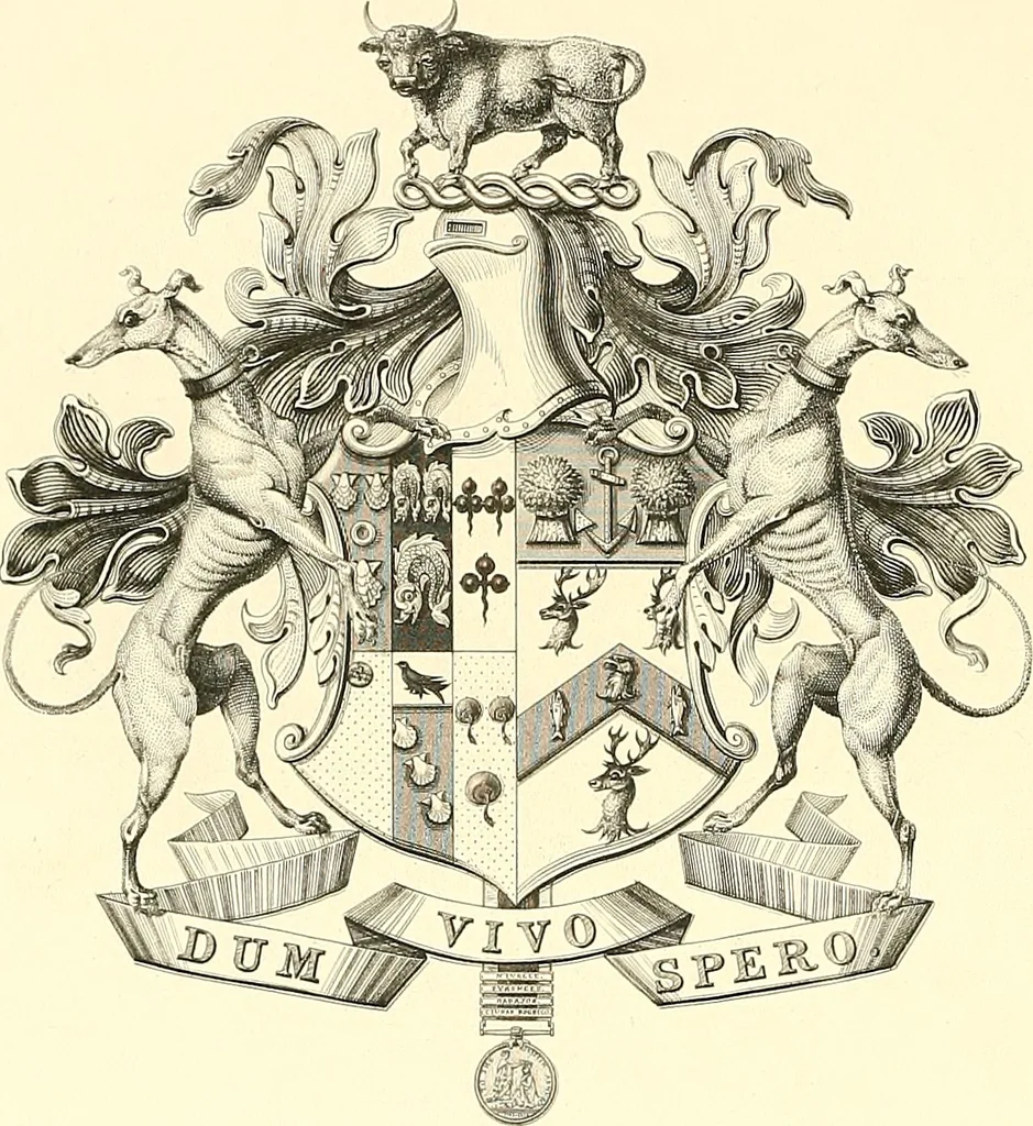 An illustration from Armorial of Jersey : being an account, heraldic and antiquarian, of its chief native families, with pedigrees, biographical notices, and illustrative data; to which are added, a brief history of heraldry, and remarks on the mediæval antiquities of the island, 1859, leaf 191