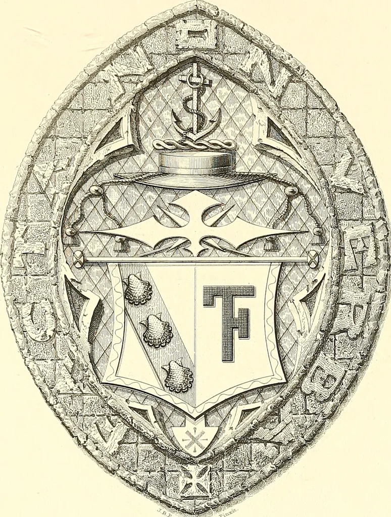 An illustration from Armorial of Jersey : being an account, heraldic and antiquarian, of its chief native families, with pedigrees, biographical notices, and illustrative data; to which are added, a brief history of heraldry, and remarks on the mediæval antiquities of the island, 1859, leaf 204