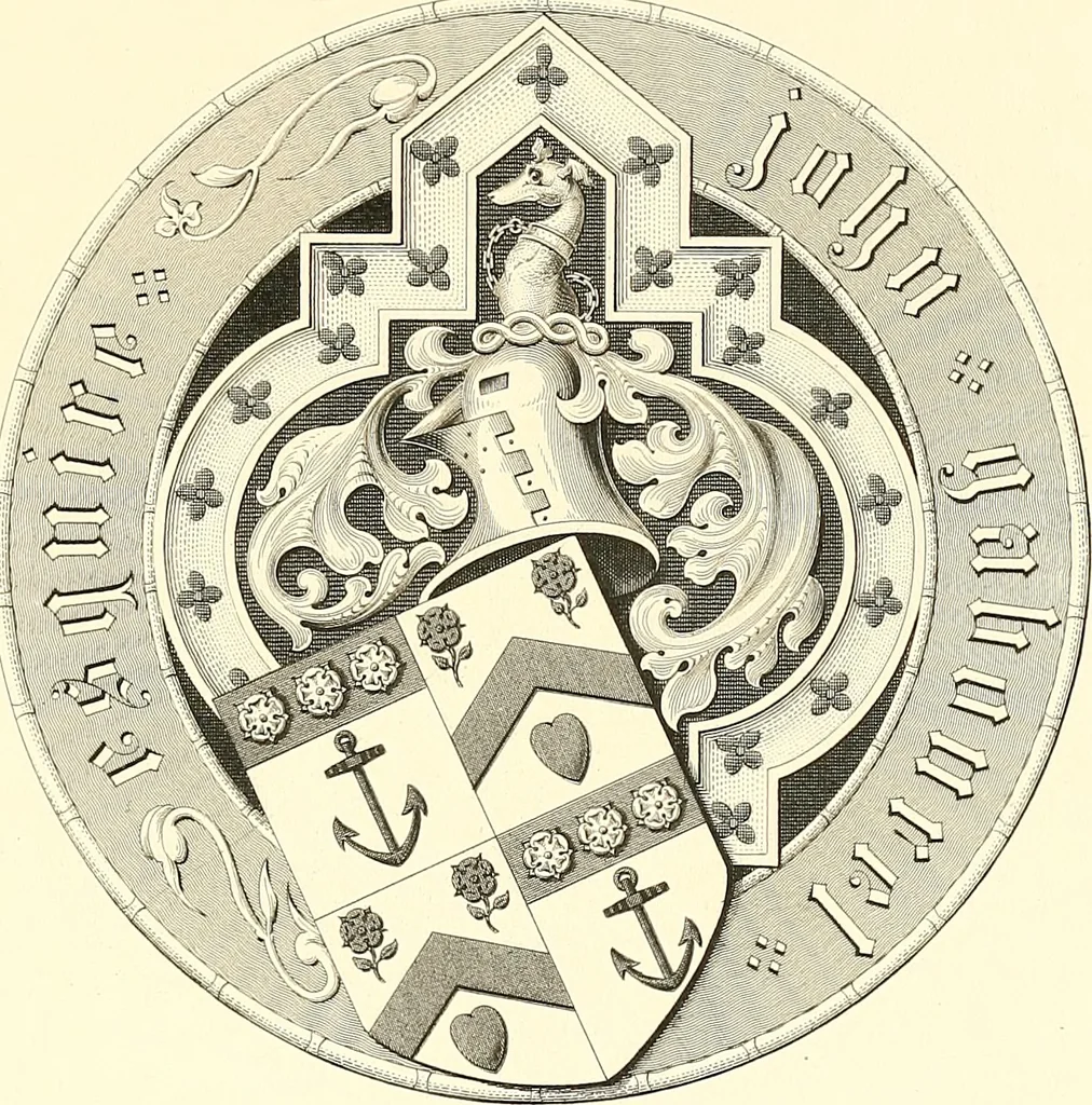An illustration from Armorial of Jersey : being an account, heraldic and antiquarian, of its chief native families, with pedigrees, biographical notices, and illustrative data; to which are added, a brief history of heraldry, and remarks on the mediæval antiquities of the island, 1859, leaf 208