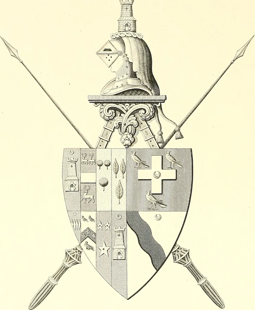 An illustration from Armorial of Jersey : being an account, heraldic and antiquarian, of its chief native families, with pedigrees, biographical notices, and illustrative data; to which are added, a brief history of heraldry, and remarks on the mediæval antiquities of the island, 1859, leaf 211