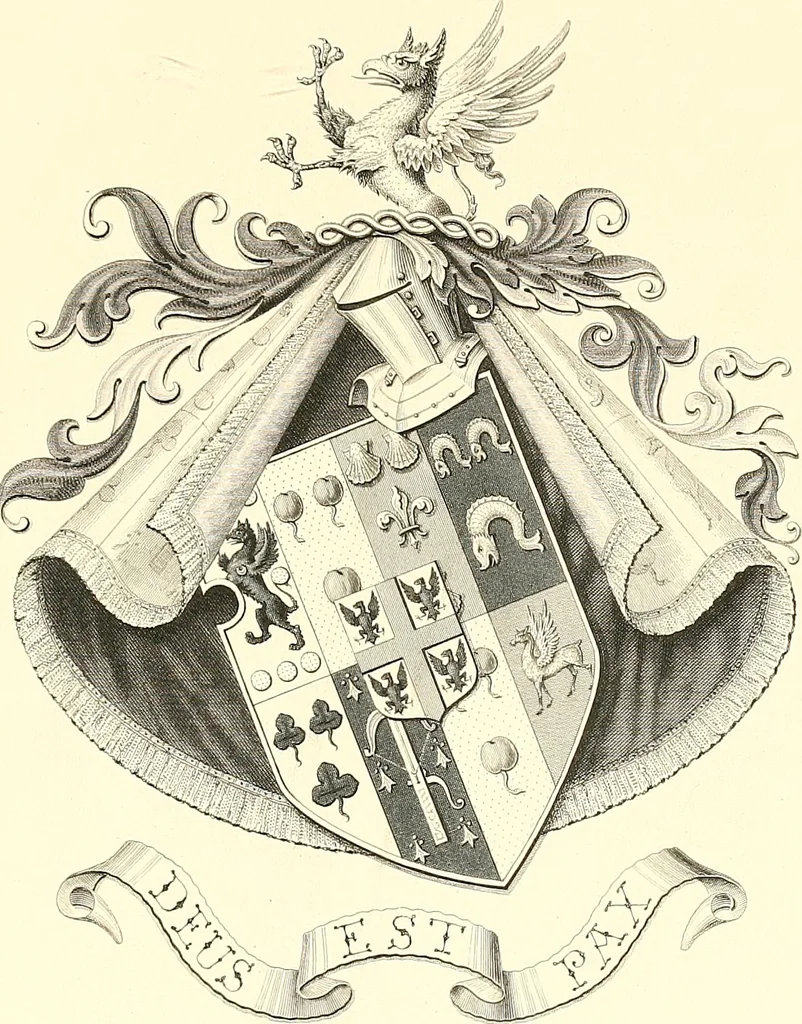An illustration from Armorial of Jersey : being an account, heraldic and antiquarian, of its chief native families, with pedigrees, biographical notices, and illustrative data; to which are added, a brief history of heraldry, and remarks on the mediæval antiquities of the island, 1859, leaf 214