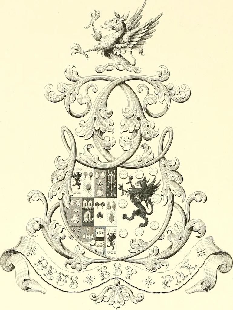 An illustration from Armorial of Jersey : being an account, heraldic and antiquarian, of its chief native families, with pedigrees, biographical notices, and illustrative data; to which are added, a brief history of heraldry, and remarks on the mediæval antiquities of the island, 1859, leaf 217