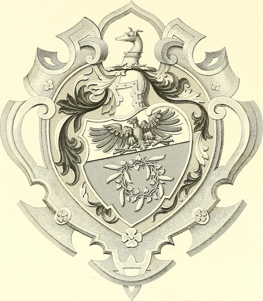 An illustration from Armorial of Jersey : being an account, heraldic and antiquarian, of its chief native families, with pedigrees, biographical notices, and illustrative data; to which are added, a brief history of heraldry, and remarks on the mediæval antiquities of the island, 1859, leaf 225