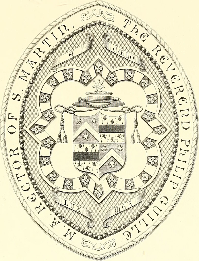 An illustration from Armorial of Jersey : being an account, heraldic and antiquarian, of its chief native families, with pedigrees, biographical notices, and illustrative data; to which are added, a brief history of heraldry, and remarks on the mediæval antiquities of the island, 1859, leaf 230