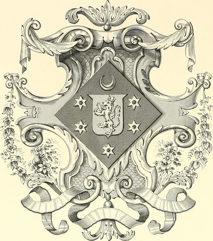 An illustration from Armorial of Jersey : being an account, heraldic and antiquarian, of its chief native families, with pedigrees, biographical notices, and illustrative data; to which are added, a brief history of heraldry, and remarks on the mediæval antiquities of the island, 1859, leaf 249