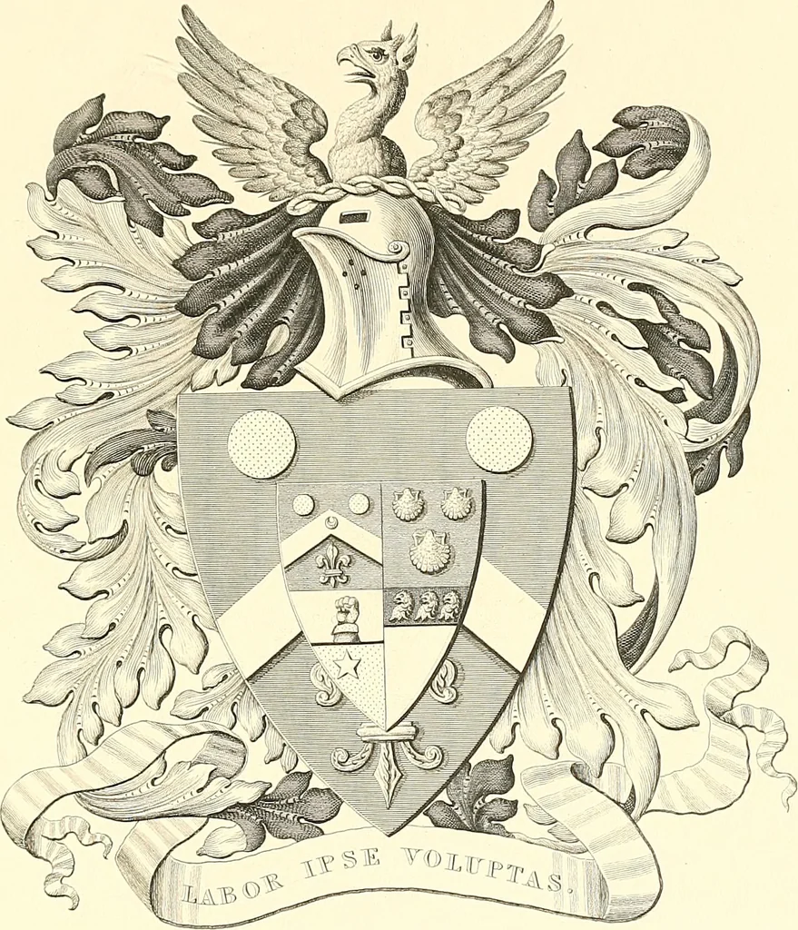 An illustration from Armorial of Jersey : being an account, heraldic and antiquarian, of its chief native families, with pedigrees, biographical notices, and illustrative data; to which are added, a brief history of heraldry, and remarks on the mediæval antiquities of the island, 1859, leaf 254
