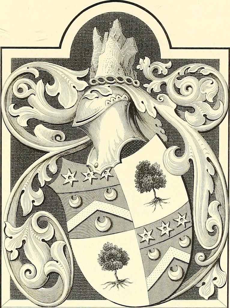 An illustration from Armorial of Jersey : being an account, heraldic and antiquarian, of its chief native families, with pedigrees, biographical notices, and illustrative data; to which are added, a brief history of heraldry, and remarks on the mediæval antiquities of the island, 1859, leaf 268