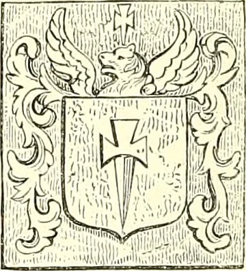 An illustration from Armorial of Jersey : being an account, heraldic and antiquarian, of its chief native families, with pedigrees, biographical notices, and illustrative data; to which are added, a brief history of heraldry, and remarks on the mediæval antiquities of the island, 1859, leaf 27