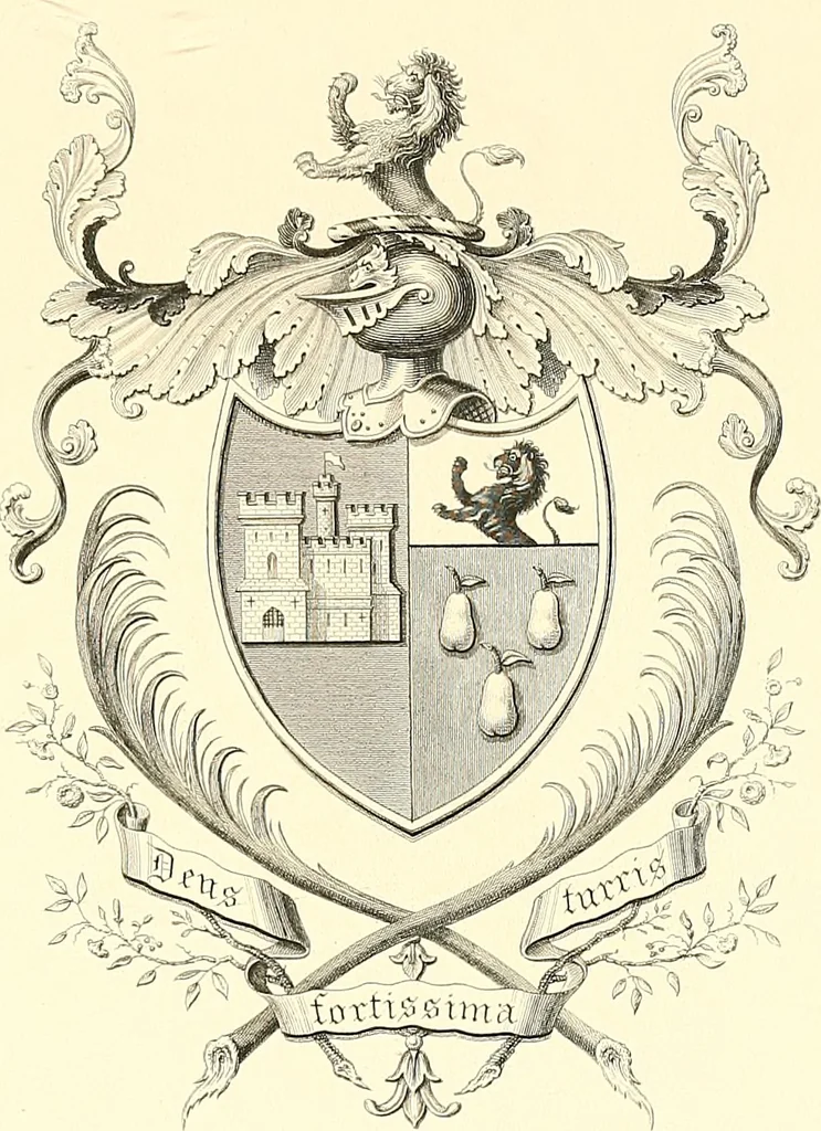 An illustration from Armorial of Jersey : being an account, heraldic and antiquarian, of its chief native families, with pedigrees, biographical notices, and illustrative data; to which are added, a brief history of heraldry, and remarks on the mediæval antiquities of the island, 1859, leaf 274